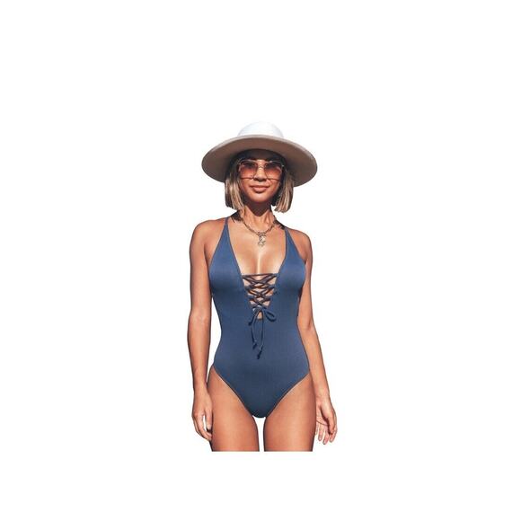 NWT Womens‎ CUPSHE Solid Blue V neck Lace Up 1-Piece Swimsuit Size Small - Picture 1 of 3